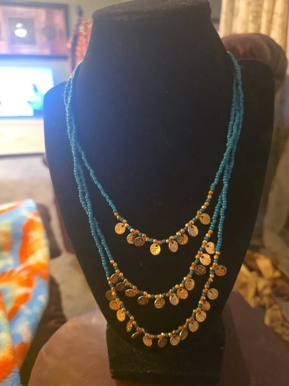 Vintage 16-Inch Beaded Necklace and Earrings Set with Gold-Tone Coins
